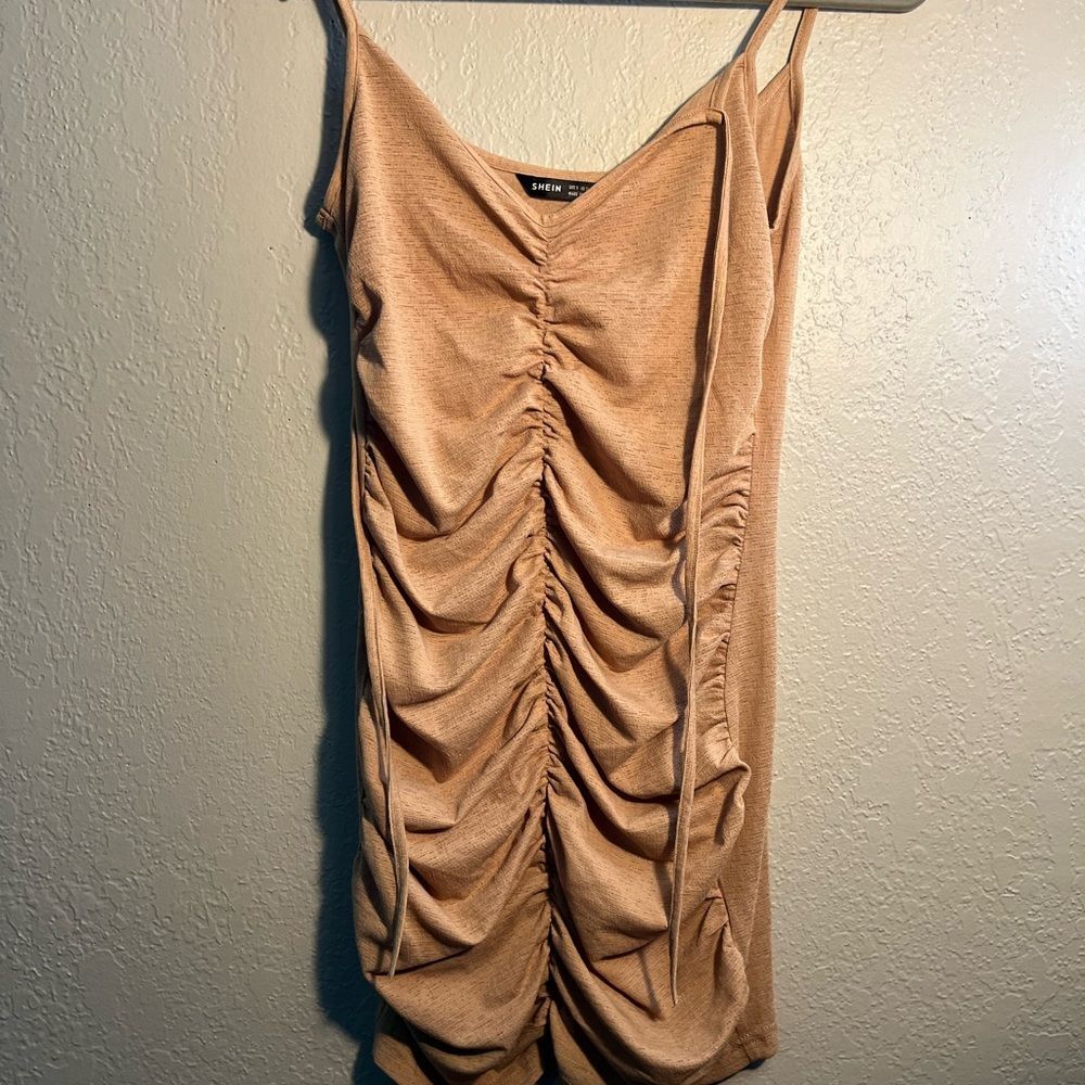 SHEIN Tan Light Pink Ruched Bodycon Mini Dress SZ S Y2K Sleeveless Sundress